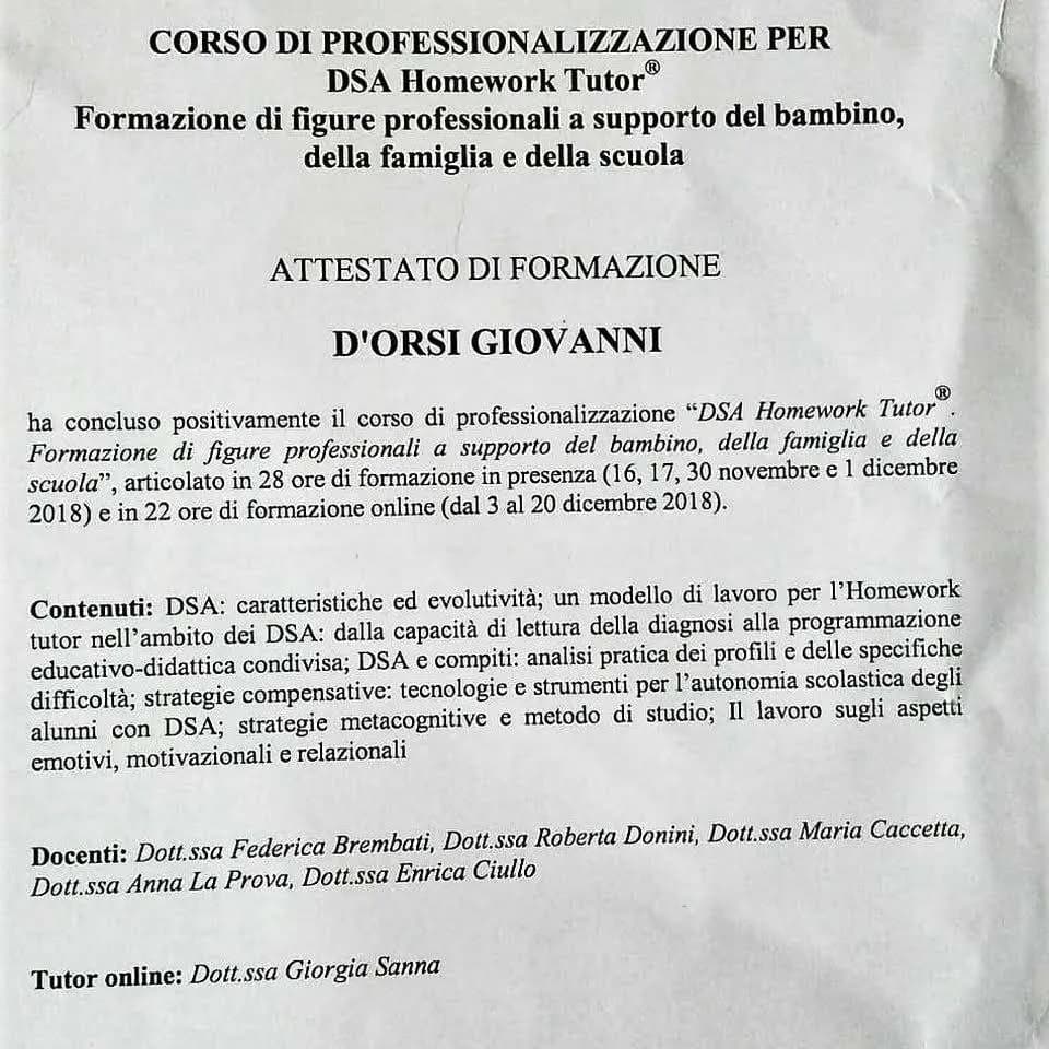 Attestato Formazione DSA Homework Tutor®